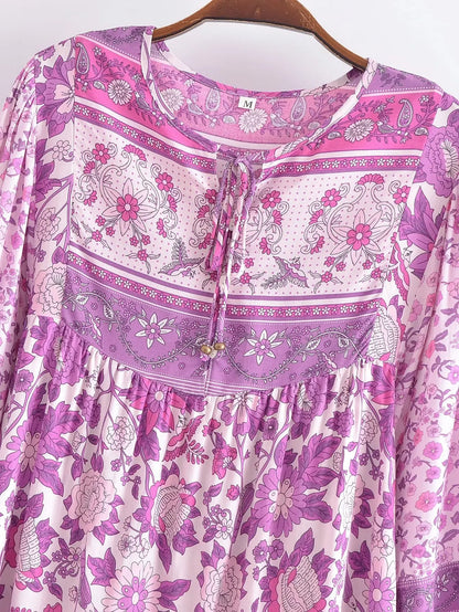 Boho Queens Tops Vintage Blue Floral Print Tassel Loose Blouses  Ladies Tie Neck Long Sleeve Beach Shirts Blusas Mujer