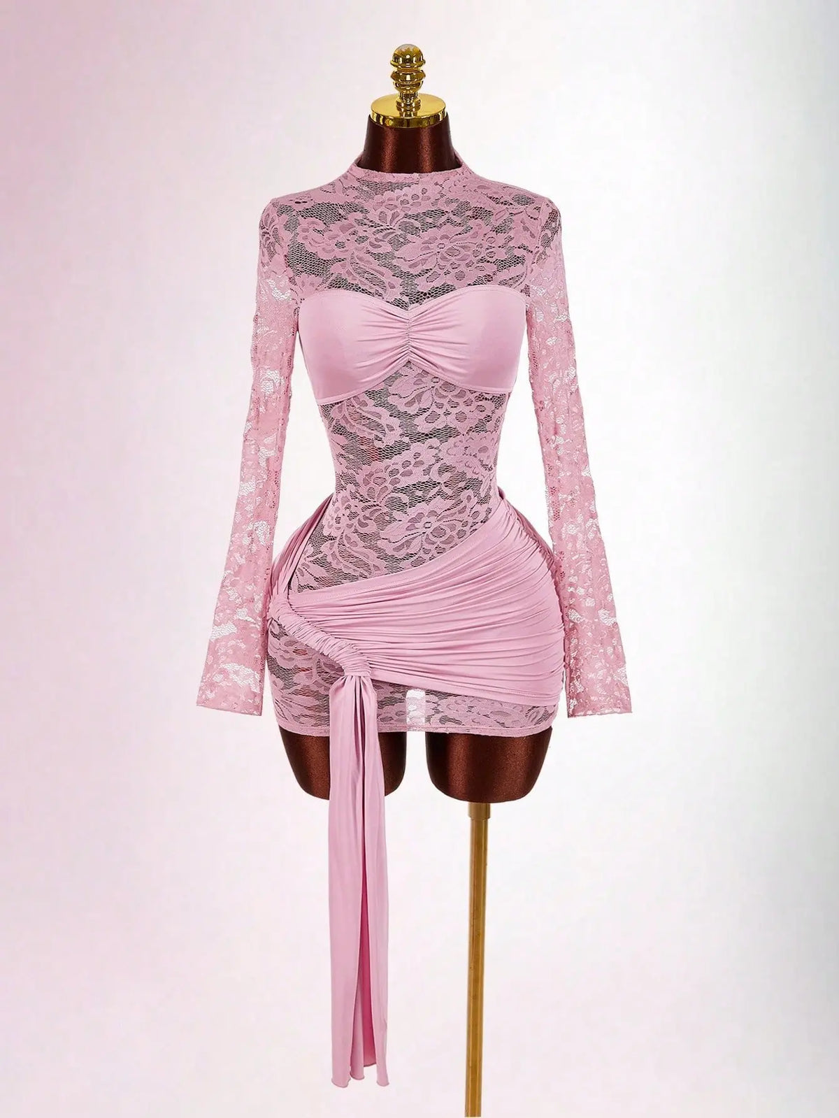 French Lace Sheer Dress Waist-Cinching Pleated Strap Slim-Fit Bodycon Skirt