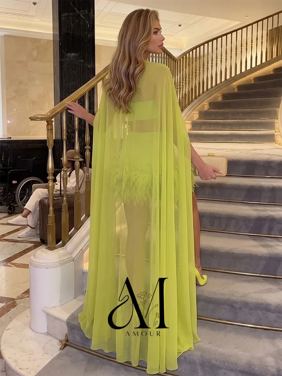 Amour Customized Green 2 Piece Set Chiffon Cape Top Feather Mini Skirt Two Piece Outfit For Party Club Night Prom Evening Gown