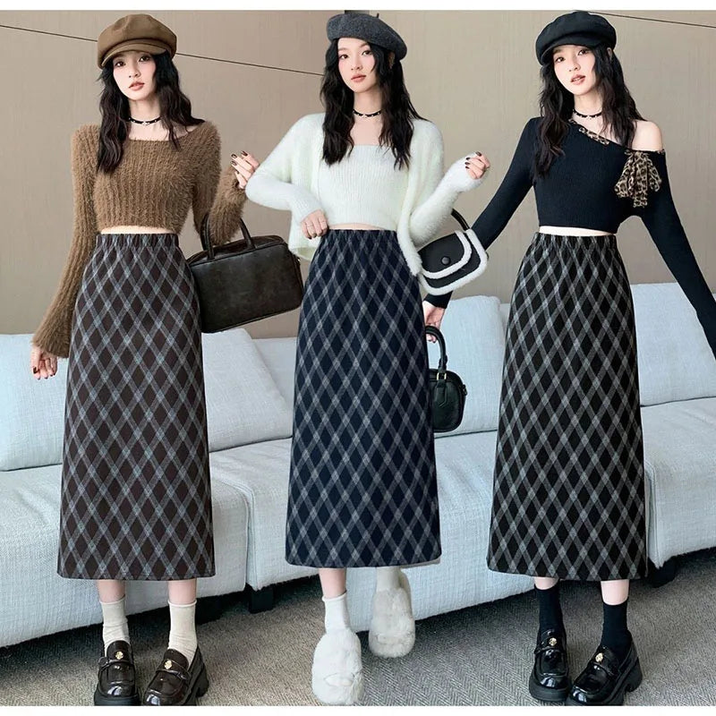 Women Plaid Skirt High Waisted Elastic A Line Midi Length Skirts for Woman Korean Style Fashion Retro Versatile Slit Long Skirts