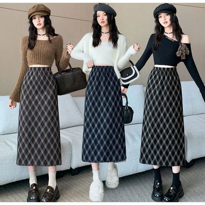 Women Plaid Skirt High Waisted Elastic A Line Midi Length Skirts for Woman Korean Style Fashion Retro Versatile Slit Long Skirts
