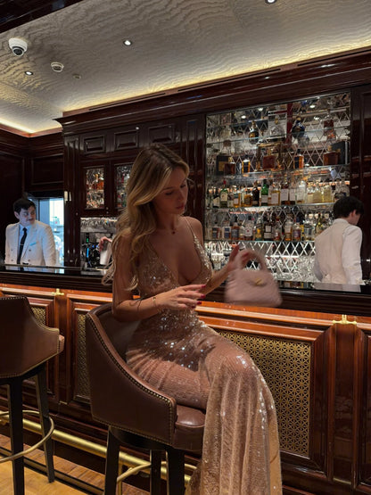 Women Elegant Sequin Mermaid Maxi Dress Elegant Spaghetti Strap Deep V Neck Bodycon Slim Gown Lady Evening  Party Long Dresses