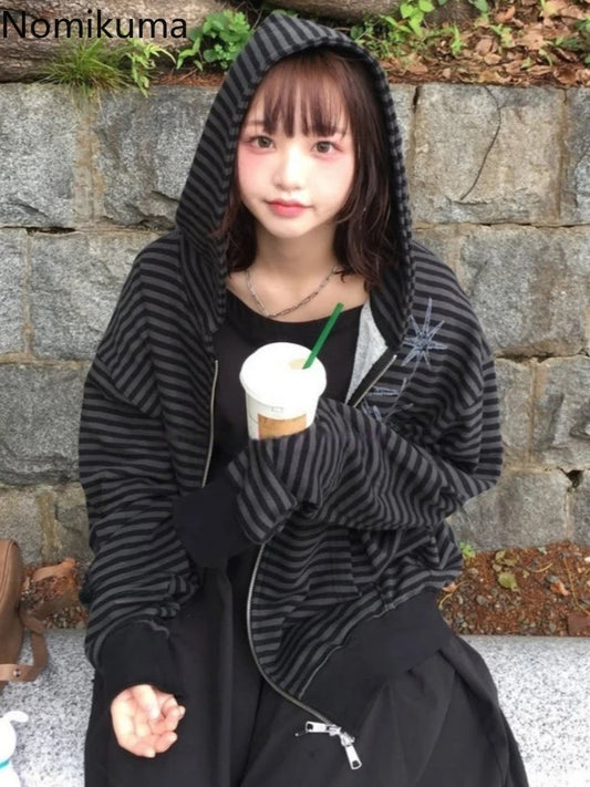 Streetwear BF Hoodies Coats 2025 Women's Clothing Loose Striped Hooded Sweatshirts Casual Fashion Zipper Korean Hoodie Y2k Tops
