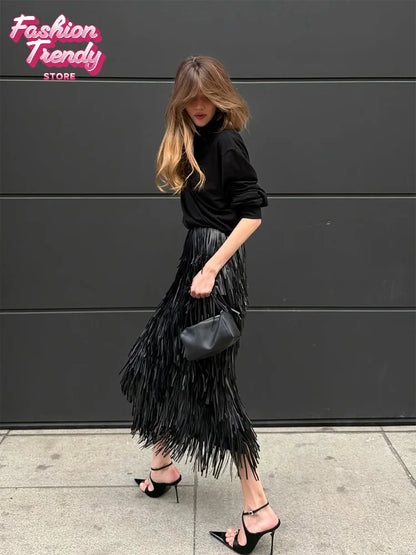 Shiny Sequin Tassel Half Skirts Women Casual Pure Color European Waist Cinching Long Skirt Lady Autumn Wear New 2026 Style