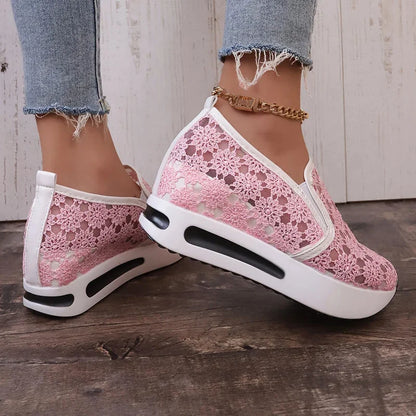 Fashion Embroidered Platform Sneakers for Women 2025 Summer Breathable Mesh Sports Shoes Woman Thick Sole Slip On Casual Shoes