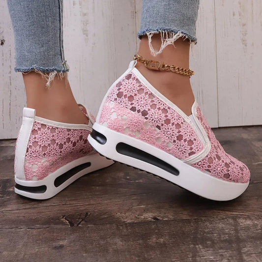 Fashion Embroidered Platform Sneakers for Women 2025 Summer Breathable Mesh Sports Shoes Woman Thick Sole Slip On Casual Shoes