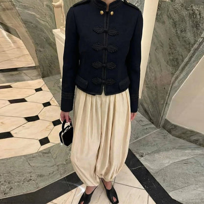 Women Woven Patchwork Crop Jacket Shoulder Pad Frog Button Long Sleeve Street Slim Paneled Blazer 2026 Spring Chic Napoleon Coat