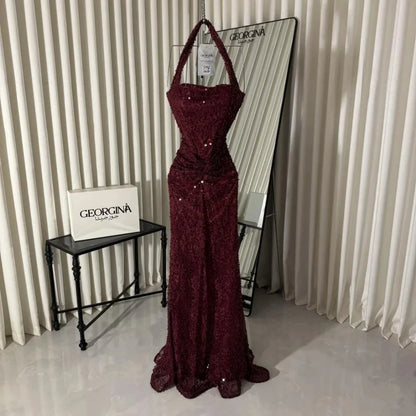 Amanda Customized Wine Red Halter Prom Dress Beaded High Waist Split Satin Lace vestidos de noche Slim Mermaid Formal Evening