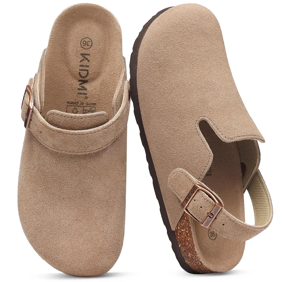 Evshine Women Suede Cork Slippers with Adjustbale  Strap Comfy Arch Support Leather Mules Retro Men Potato Shoes Lady Cork Clogs