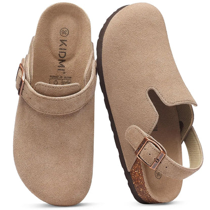 Evshine Women Suede Cork Slippers with Adjustbale  Strap Comfy Arch Support Leather Mules Retro Men Potato Shoes Lady Cork Clogs