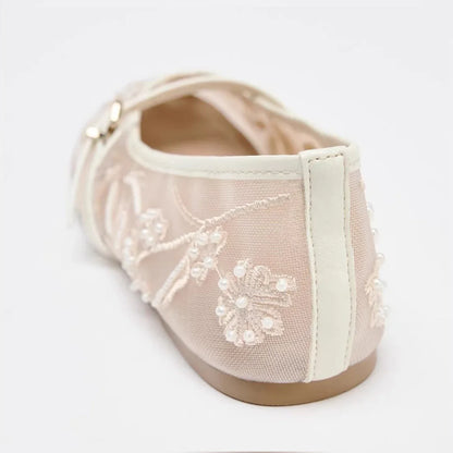 Embroidery Flowers Pearl Mesh Round Tor Ballet Flats Woman Loafers Buckle Strap Ladies Mary Jane Mules Shoes Zapatos De Mujer