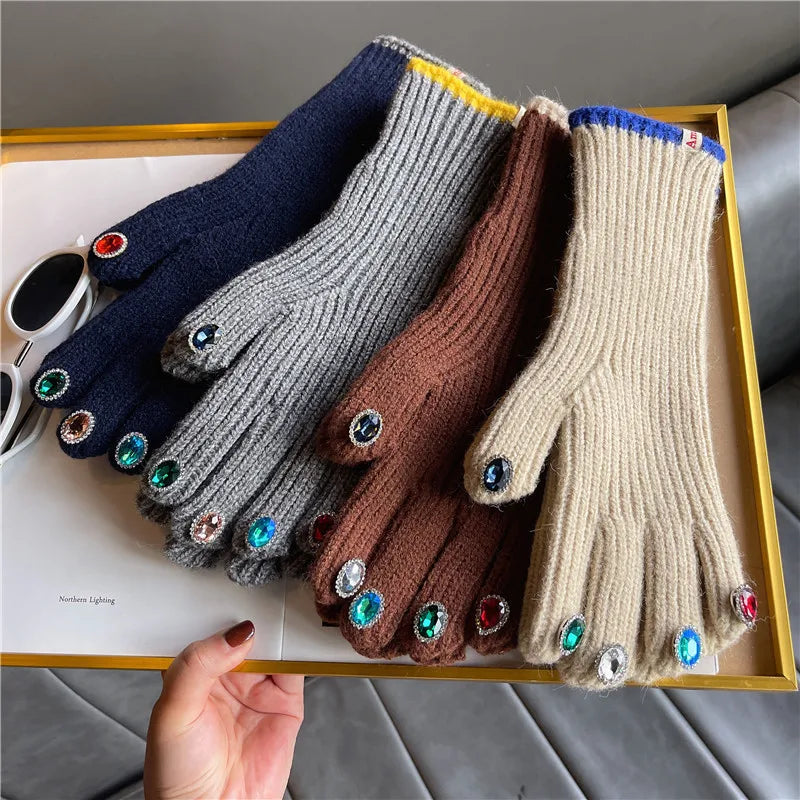 Women Winter Warm Knitted Full Finger Gloves Solid Wool Luxury Rhinestone Girl Fashion Touch Screen Mittens Female Drving