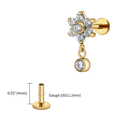 Right Grand ASTM F136 Titanium 16G Flower CZ Drop Dangle Flat Earring Tragus Helix Lobe Stud Piercing Jewelry