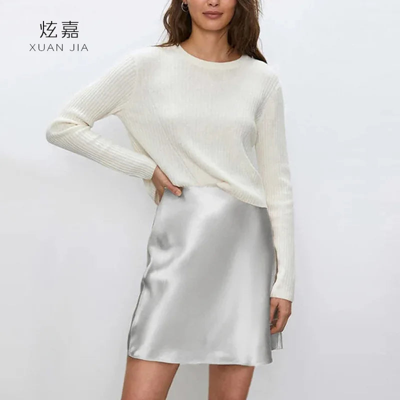 Satin Silk Short Skirt Women's Summer 100% Mulberry Silk Drape Skirt Elastic High Waist Slim Fit Hip Wrap A Word Skirt