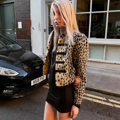Women Leopard Print Faux Fur Jacket Mandarin Collar Chinese Frog Closure Cropped Vintage Y2K Slim Fit Coat Ladies Outerwear