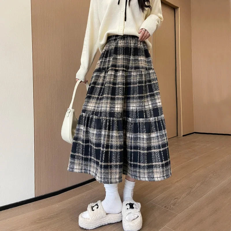 Sweet Vintage High Waist A- Line Plaid Woolen Skirt Women Autumn Winter Midi Length Skirt Woman Comfortable Casual Style