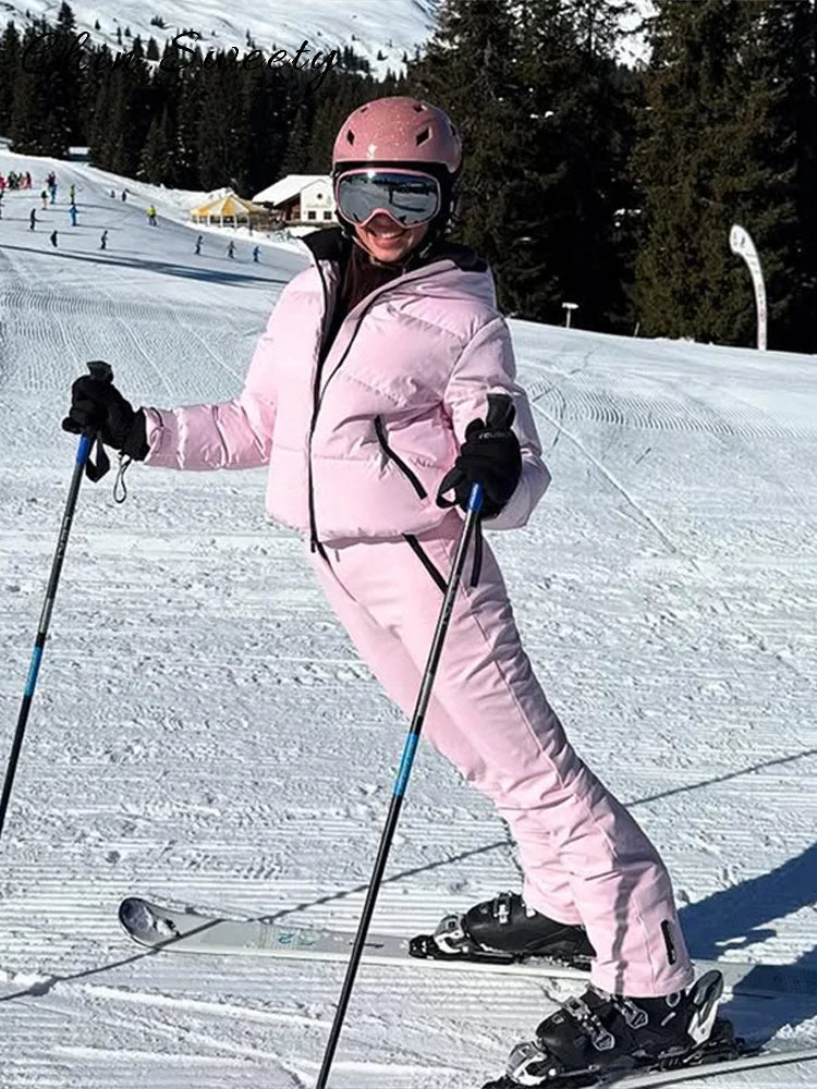 Warm Women's Skiwear Jumpsuit With Belt Stand Collar Full Sleeve Zipper Straight Thicken Jumpsuits 2026 Winter Lady Chic Clothes