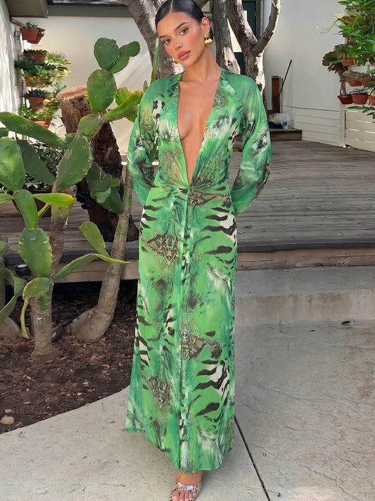 Women's Printed V-Neck Long Dress