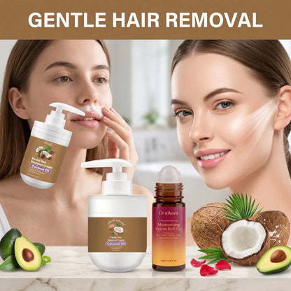 Facial Hair Removal Cream & After Care Roll On Oil Set Coconut Gentle Formula Smooth Skin Soothing Face Armpit Leg Nourishing