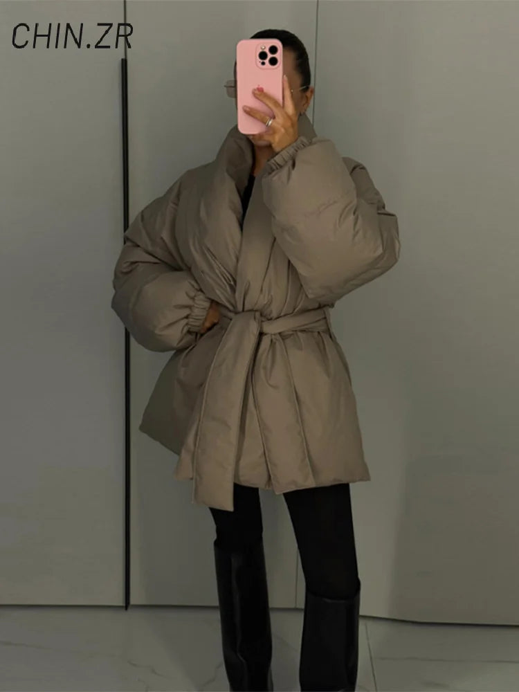 Casual Lace Up Women Winter Coats 2026 Belt Stand Collar Zipper Full Sleeve Kimono Jacket Lady Solid Thick Warm Outwear New