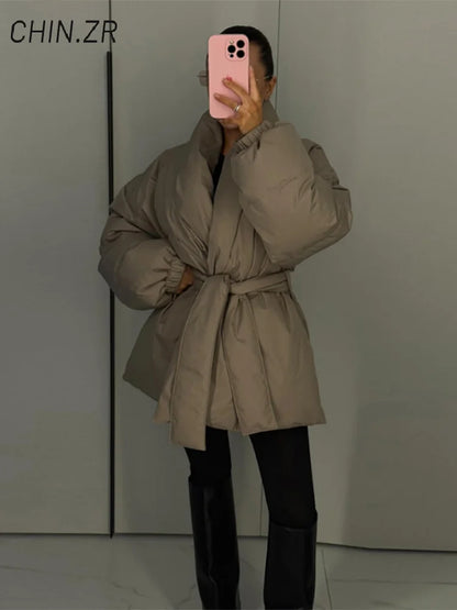 Casual Lace Up Women Winter Coats 2026 Belt Stand Collar Zipper Full Sleeve Kimono Jacket Lady Solid Thick Warm Outwear New