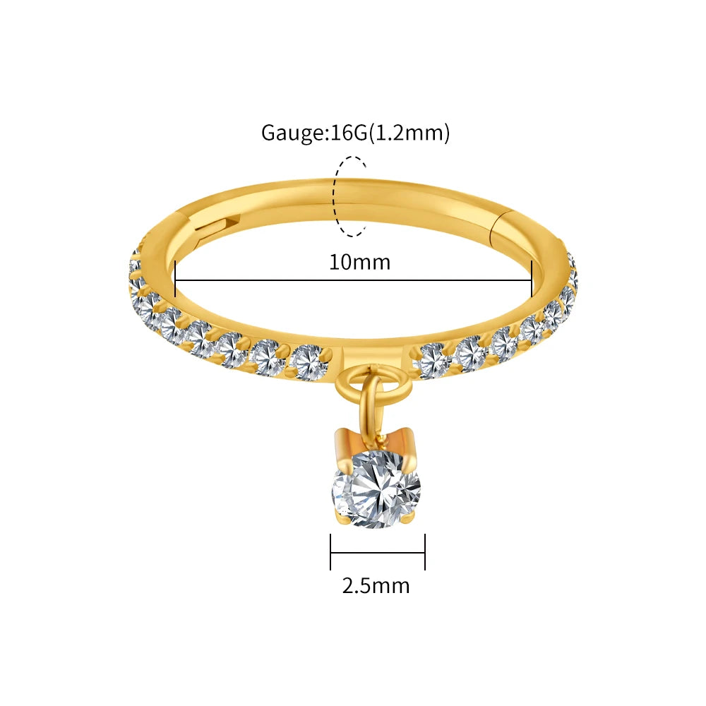 Right Grand ASTM F136 Titanium Round CZ Drop Helix Hoop Ring 16G Dangle Charm Segment Conch Clicker Cartilage Piercing Jewelry