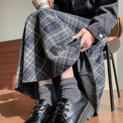 Women's Plaid Pleated A-Line Long Skirt