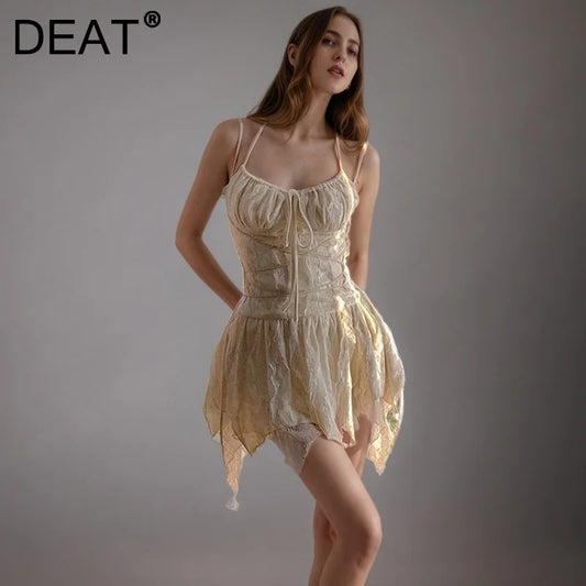 DEAT Fashion Velvet Lace Up Jacquard Spaghetti Strap Dress Women's Slim Fit Mini Irregular Dresses Summer New