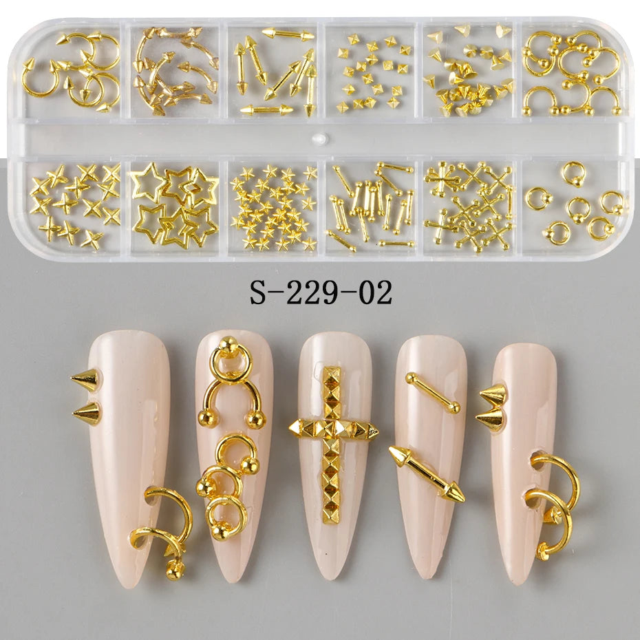 12 Grids Punk Silvery Golden Rivets Style Nail Charms Y2K Metal Golden Pierced Rivets Solid Nail Art Decoration Nail Accessories