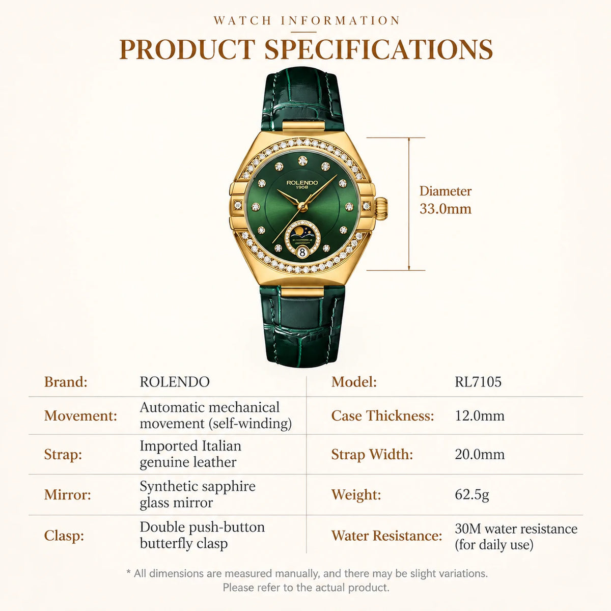 ROLENDO Women's Automatic Mechanical Watches Moon Phase Display Diamond Bezel Green Dial Leather Strap Watch Gift For Women