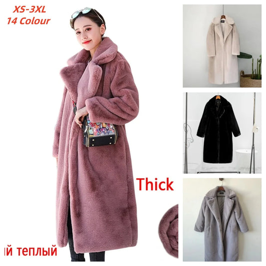 Winter Women High Quality Faux Rabbit Fur Coat Luxury Long Fur Coat Loose Lapel OverCoat Thick Warm Plus Size Female Plush Coats
