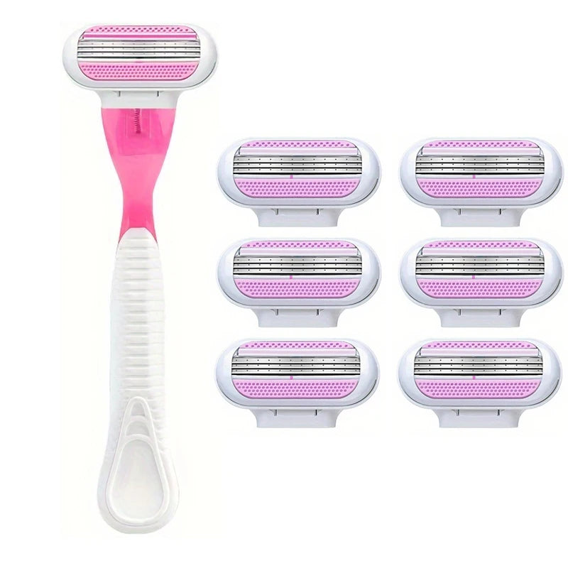 Women Razor 1 Handle 3 Cartridges Stainless Steel Blade Rubber Handle Reusable Body Hair Remove Razor Blade