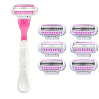 Women Razor 1 Handle 3 Cartridges Stainless Steel Blade Rubber Handle Reusable Body Hair Remove Razor Blade