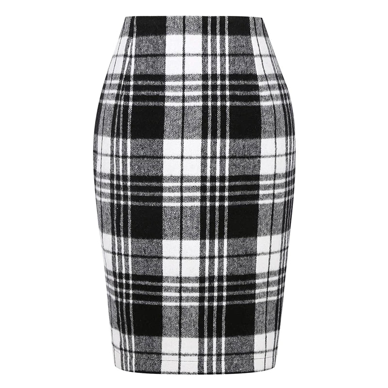 Women Tartan Plaid Thick Woolen Pencil Skirt Lined Back Invisible Zipper High Waist Bodycon Midi Skirt For Daily Casual Outings