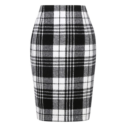 Women Tartan Plaid Thick Woolen Pencil Skirt Lined Back Invisible Zipper High Waist Bodycon Midi Skirt For Daily Casual Outings