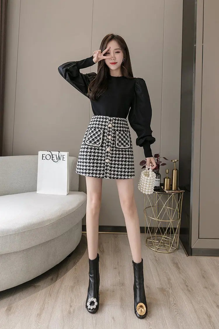 Women 2025 New Wool Houndstooth Short Skirt for Women in Autumn and Winter High-waisted Slim and Versatile A-line Hip-pack Skirt