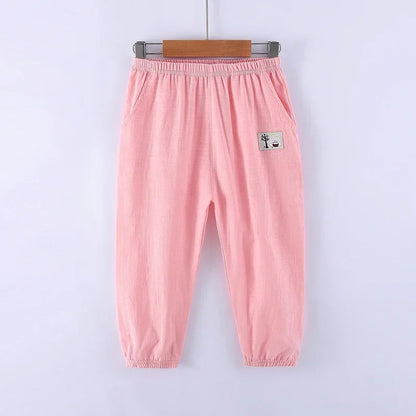 Children Trousers For Boys Girls Cotton Linen Elastic Waist Solid Color Summer Mosquito Pants Kids Clothing Long Pants 100-160cm