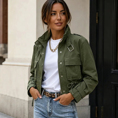 Vintage Women's Short Jacket Stand Collar Zip Single-breasted Army Green Utility Coat 2026 New Fall Chic Cargo Street Jackets
