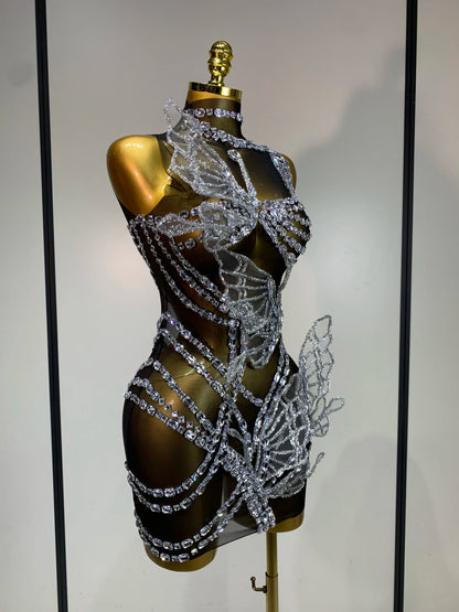 Women Sexy Mesh See Through Sparkly Butterfly Crystal Bodycon Mini Dress Celebrate Birthday Evening Party Singer Stage Outfit