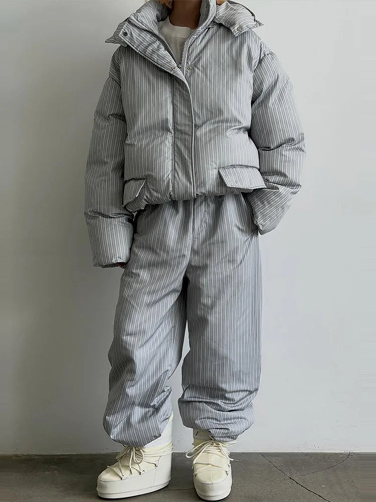Urban Solid Women Stripe Padded Coat Pant Set Casual Full Sleeve Hooded Zipper Jacket Elastic Waist Pants 2026 Winter Lady Suits