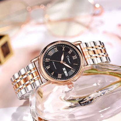 Stainless Steel Roman Dial Day-Date Luminous Waterproof Self-Wind Automatic Mechanical Watch for Women