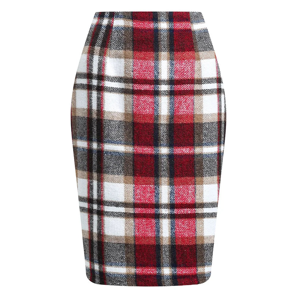 2025 Autumn and Winter Women's Plaid Hip Skirt Zipper Slim Wool Blend Fashion Office Pencil Skirts Midi Skirt
