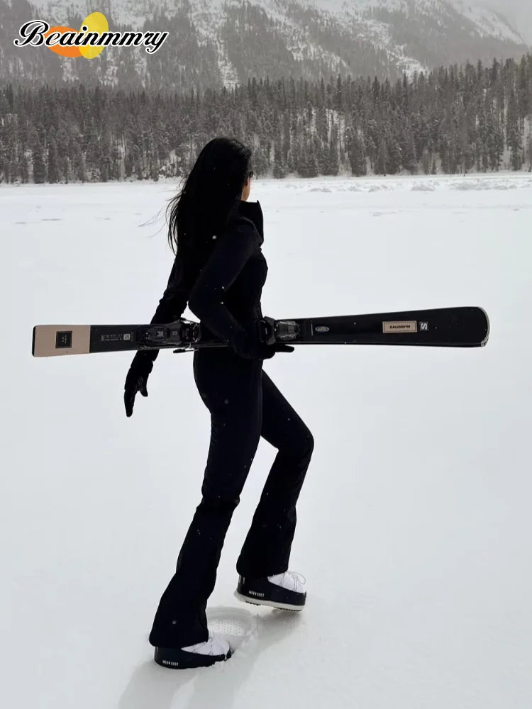 Chic Black Stand Collar Skiwear Women Cause Full Sleeve Waist Cinching High Waist Slim Jumpsuit 2026 Lady Winter Warm Outfit New