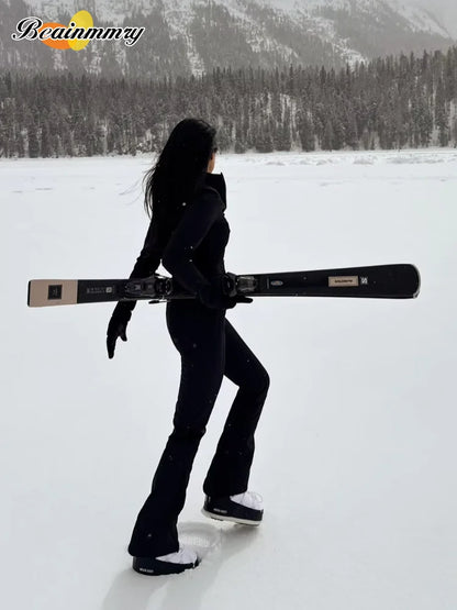 Chic Black Stand Collar Skiwear Women Cause Full Sleeve Waist Cinching High Waist Slim Jumpsuit 2026 Lady Winter Warm Outfit New