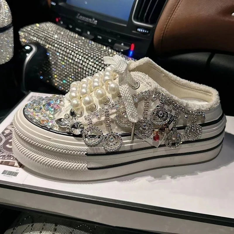 High Quality Shiny Sequined Slippers Flat Shoes Crystal Pearl Studs Canvas Shoes Loafers Shiny Women's Vulcanized Slippers