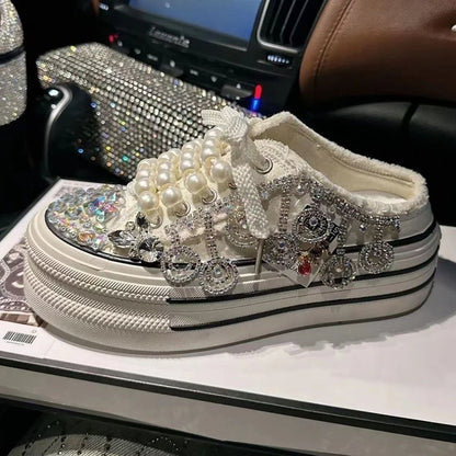 High Quality Shiny Sequined Slippers Flat Shoes Crystal Pearl Studs Canvas Shoes Loafers Shiny Women's Vulcanized Slippers
