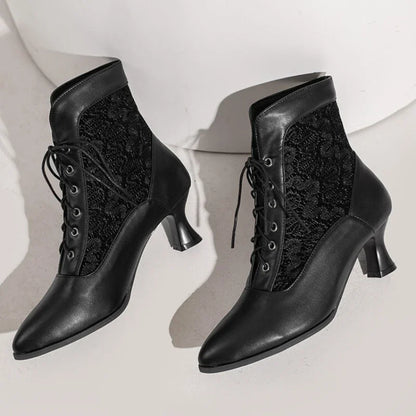 Women Victorian Ankle Boots Leather Lace Heel Shoes for women Fashion Lace Up Spliced Ladies High Heels Woman Boots Ankle 46