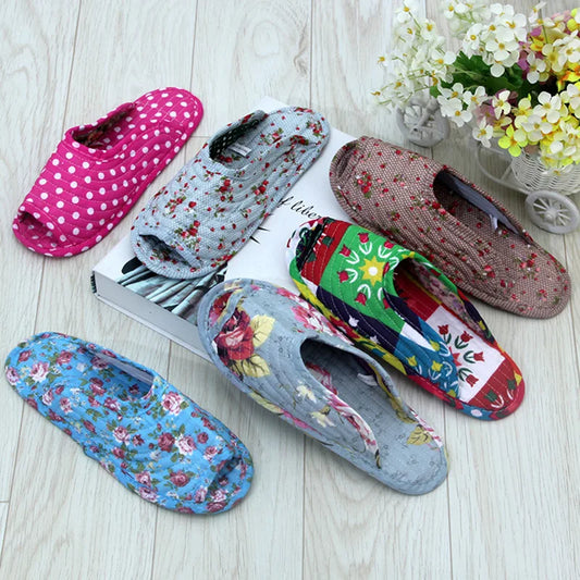 Women's indoor slippers, spring and autumn soft cotton slippers, women's retro floral home bedroom slippers
