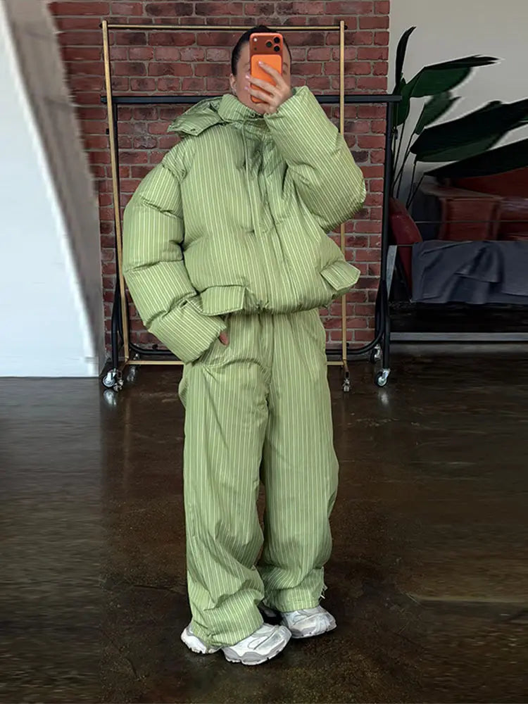 Urban Solid Women Stripe Padded Coat Pant Set Casual Full Sleeve Hooded Zipper Jacket Elastic Waist Pants 2026 Winter Lady Suits
