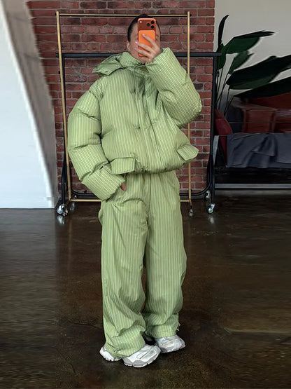 Urban Solid Women Stripe Padded Coat Pant Set Casual Full Sleeve Hooded Zipper Jacket Elastic Waist Pants 2026 Winter Lady Suits